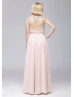 Beaded Blush Pink Chiffon Cutout Back Flowy Prom Dress